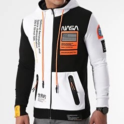 Remise ⌛ Sweat Zippé Capuche Nasa Half Limited Edition 563 Noir Blanc Détails Orange Fluo de Final Club 😍