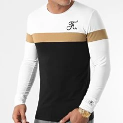 Vente flash 😀 Tee 🥰 Shirt Manches Longues Bicolore Avec Broderie 455 Blanc Camel Noir de Final Club ✔️
