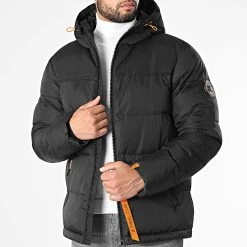 Remise 🔔 Doudoune Capuche Premium Puffer Jacket Noir Orange de Final Club ❤️