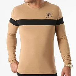 Meilleur prix 🎉 Tee Shirt Manches Longues Bicolore Avec Broderie 781 Camel Noir de Final Club 💯