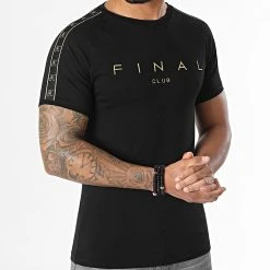 Promo 💯 Tee Shirt A Bandes Logo Premium Fit 774 Noir Doré de Final Club 🎉