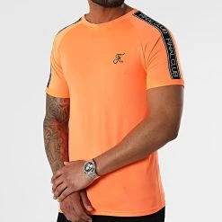 Remise ✔️ Tee 🔥 Shirt Slim Fit Avec Bandes Et Broderie 732 Orange Fluo de Final Club 🔔