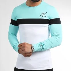 Top 10 ⭐ Tee 👍 Shirt Manches Longues Tricolore Avec Broderie 1033 Bleu Turquoise Blanc de Final Club 🔥